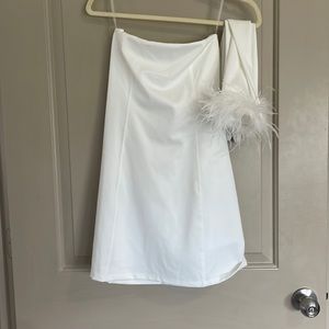 Feathered white glove mini dress